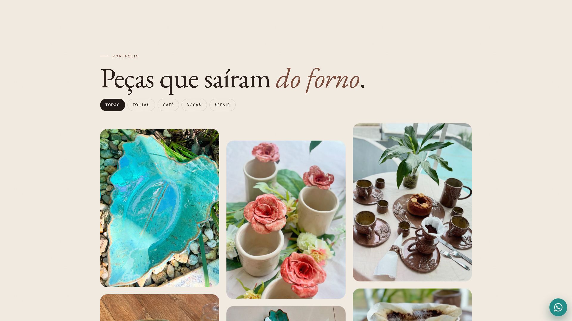 Galeria Peças que saíram do forno, com filtros Todas, Folhas, Café, Rosas e Servir e fotos das peças