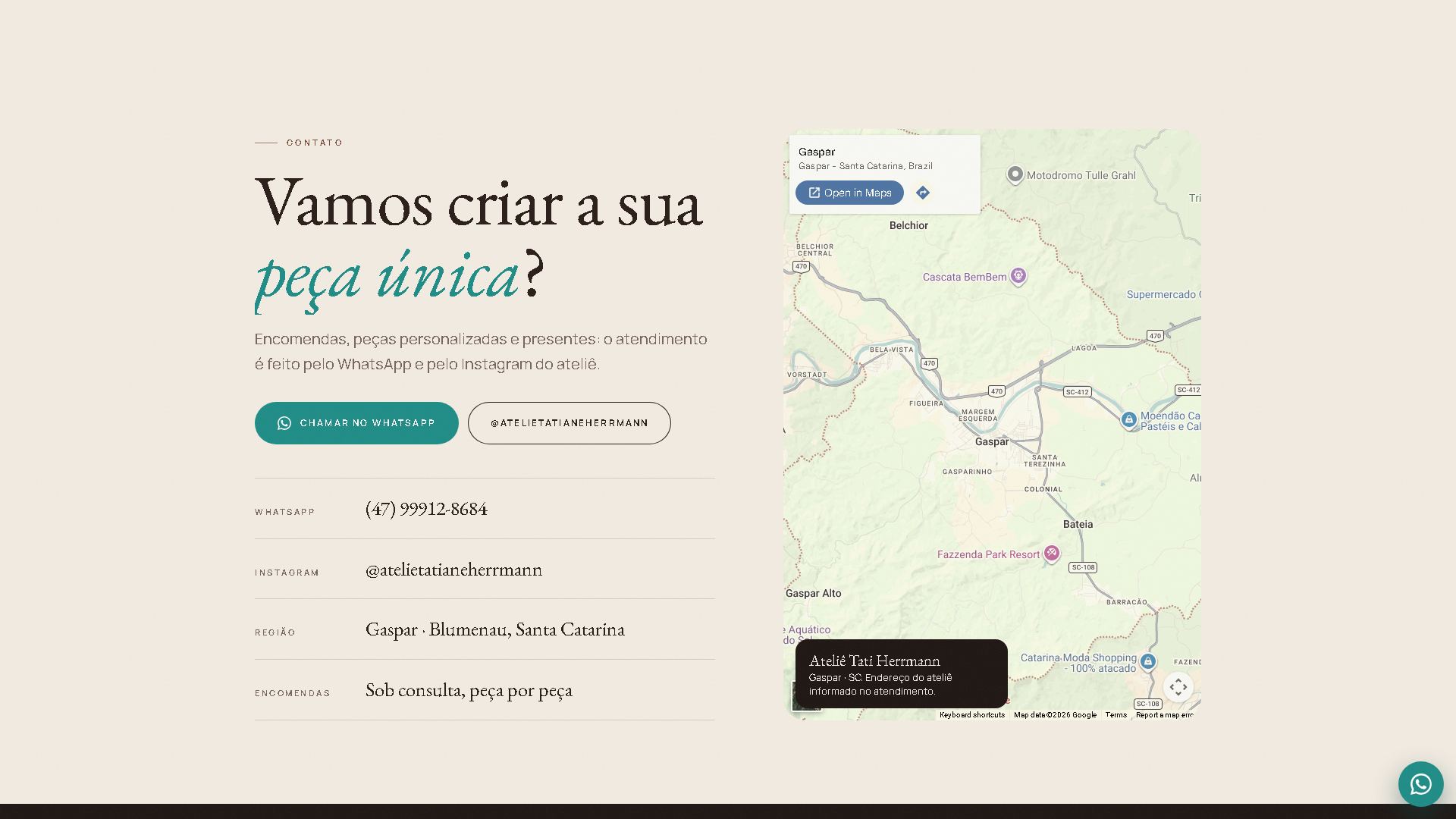 Bloco final Vamos criar a sua peça única, com botões de WhatsApp e Instagram, dados de contato e mapa de Gaspar