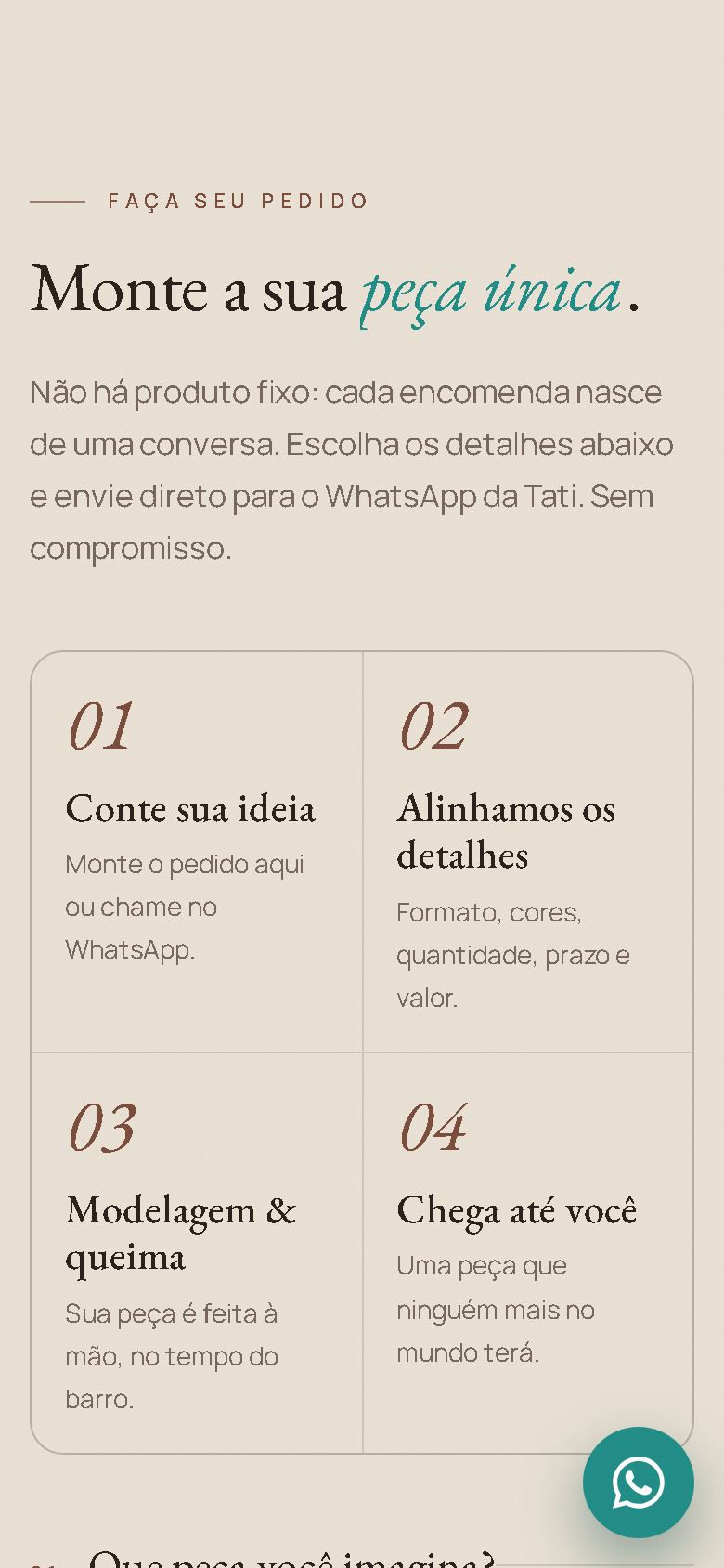 Site do ateliê no celular: os quatro passos da encomenda em duas colunas
